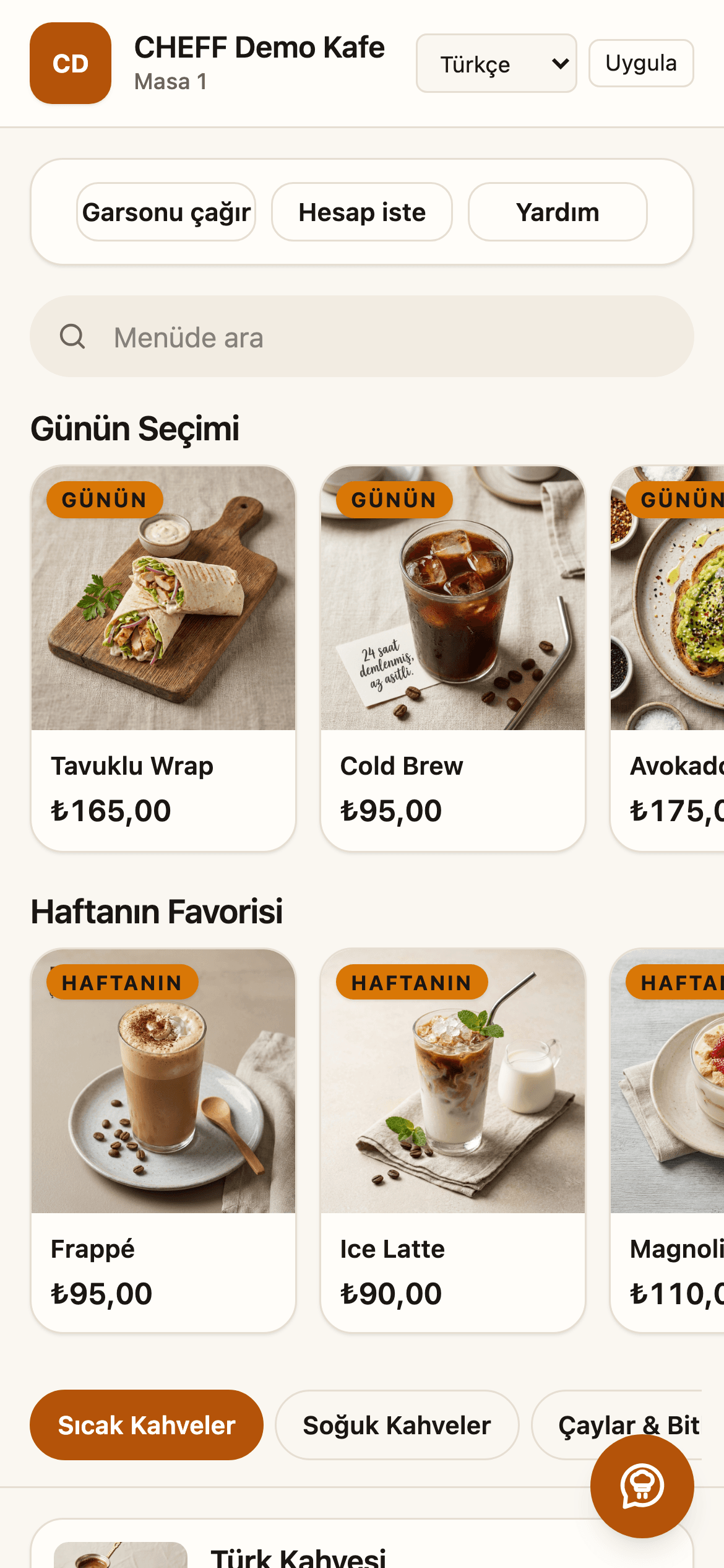 CHEFF müşteri menüsü — telefon görünümü